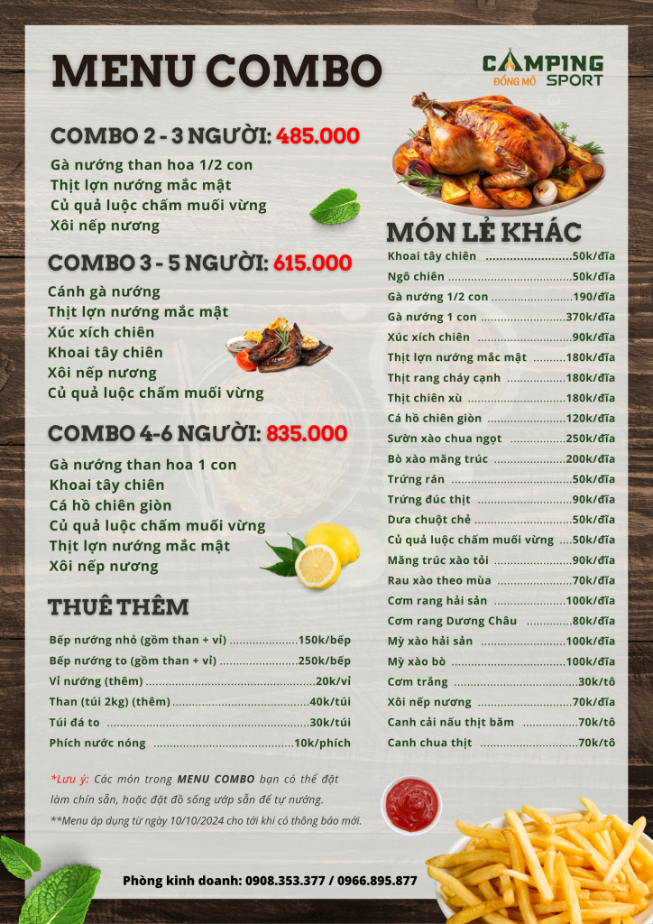 Menu Combo - Camping Sport Đồng Mô